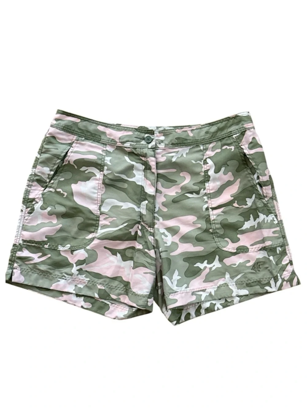 GUY HARVEY WOMEN’S SIZE 10 GREEN PINK CAMO FISHING CAMPING SHORTS BREATHABLE EUC